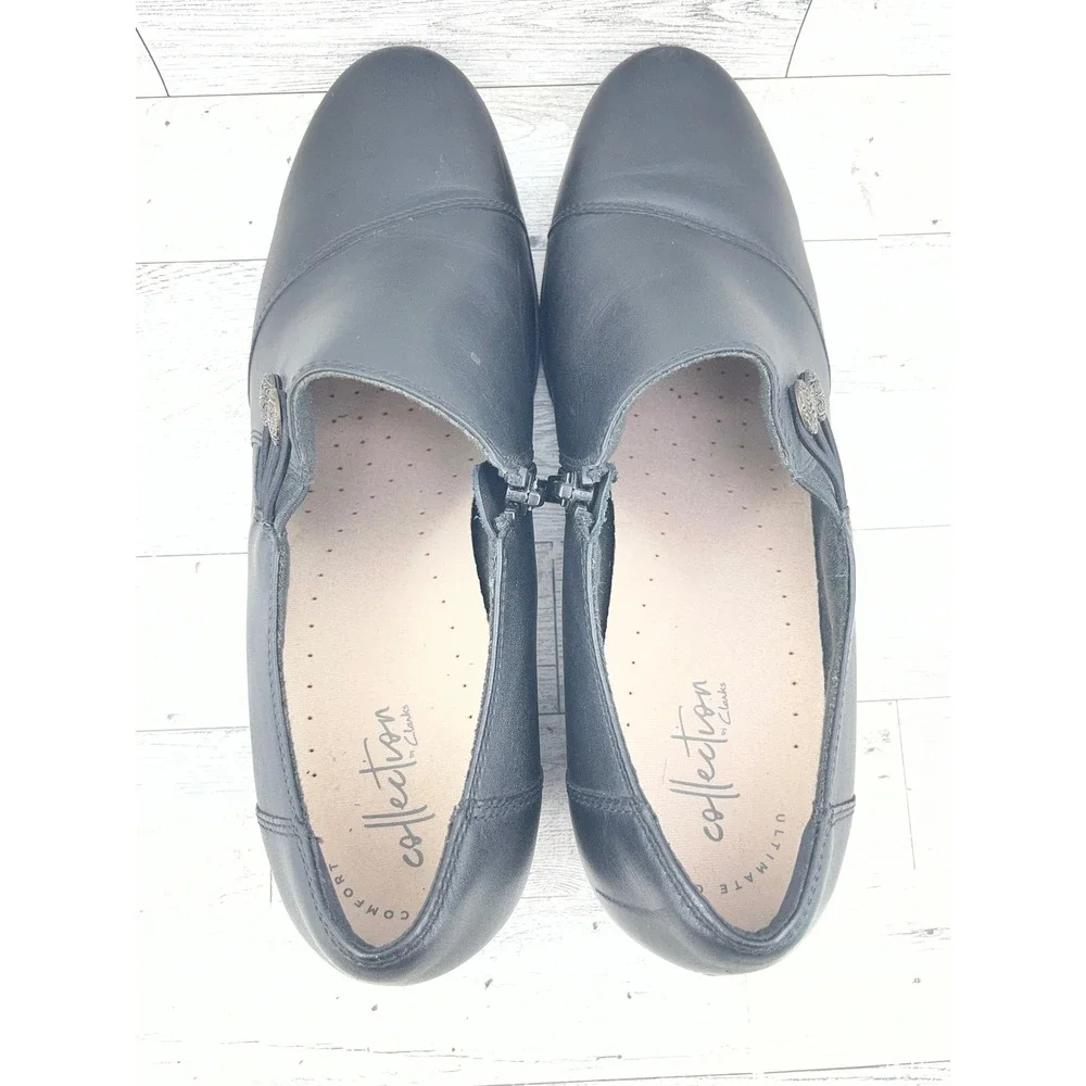 Clarks Collection Black‎ Leather Button Zip Shooties Block Heel Women Sz 9.5M